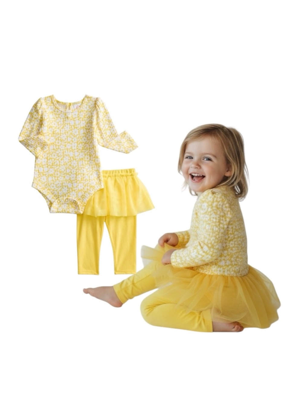 wonder nation Yellow Floral Bodysuit With Tulle Skeggings
